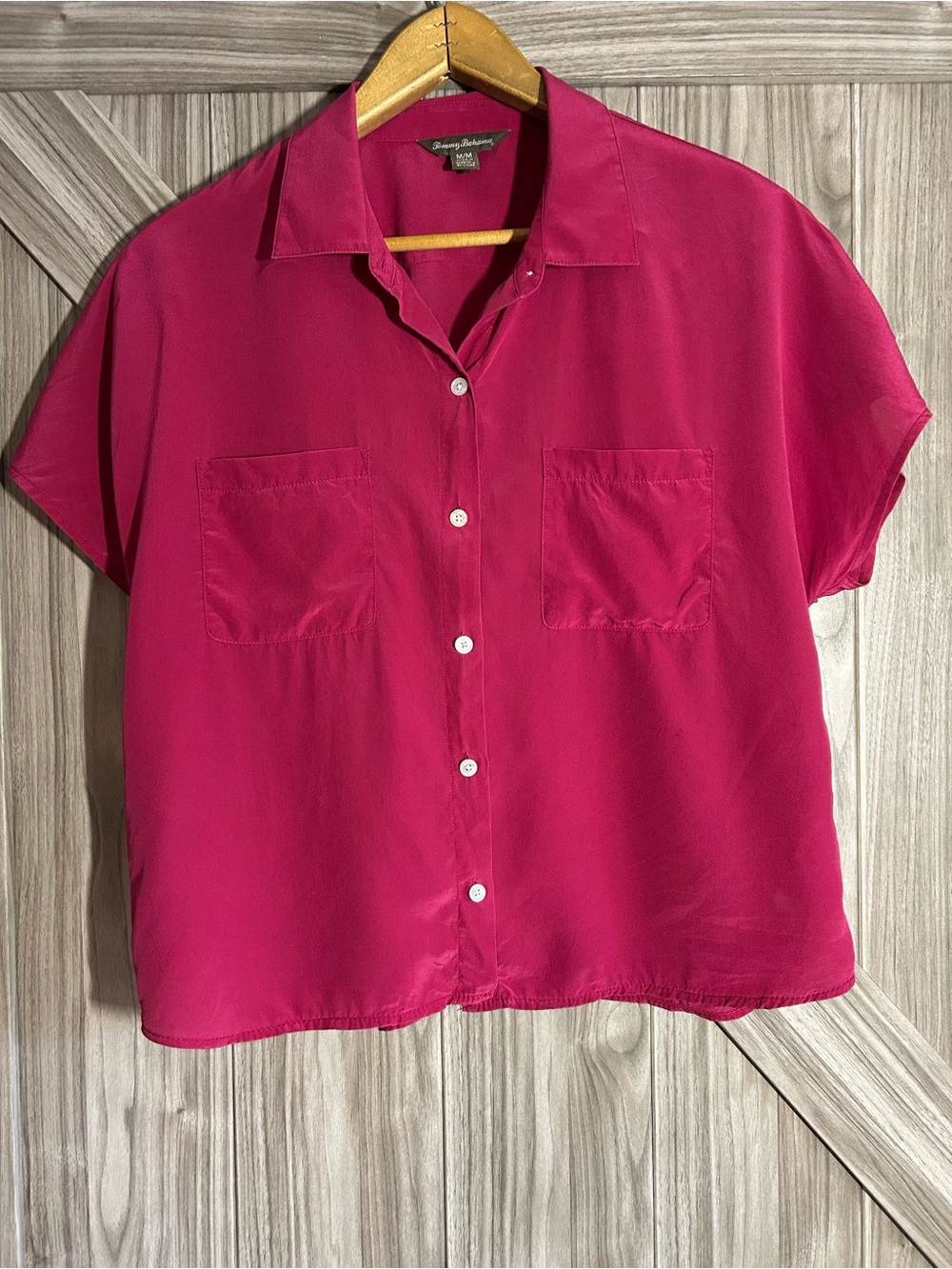 Tommy Bahama Fuchsia Pink Textured Raw Silk Chiffon Boxy Resort Shirt - M